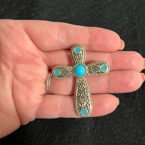 Faux Turquoise Silver Tone Cross Pendant or Brooch